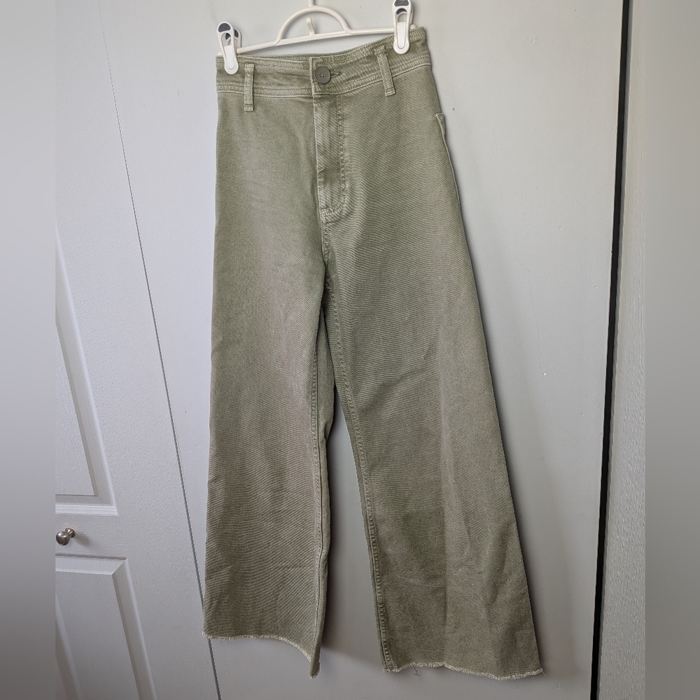 ZARA The Marine Straight Green Kaki Washed Flare Women Pants High Rose Size 0 - Picture 2 of 13